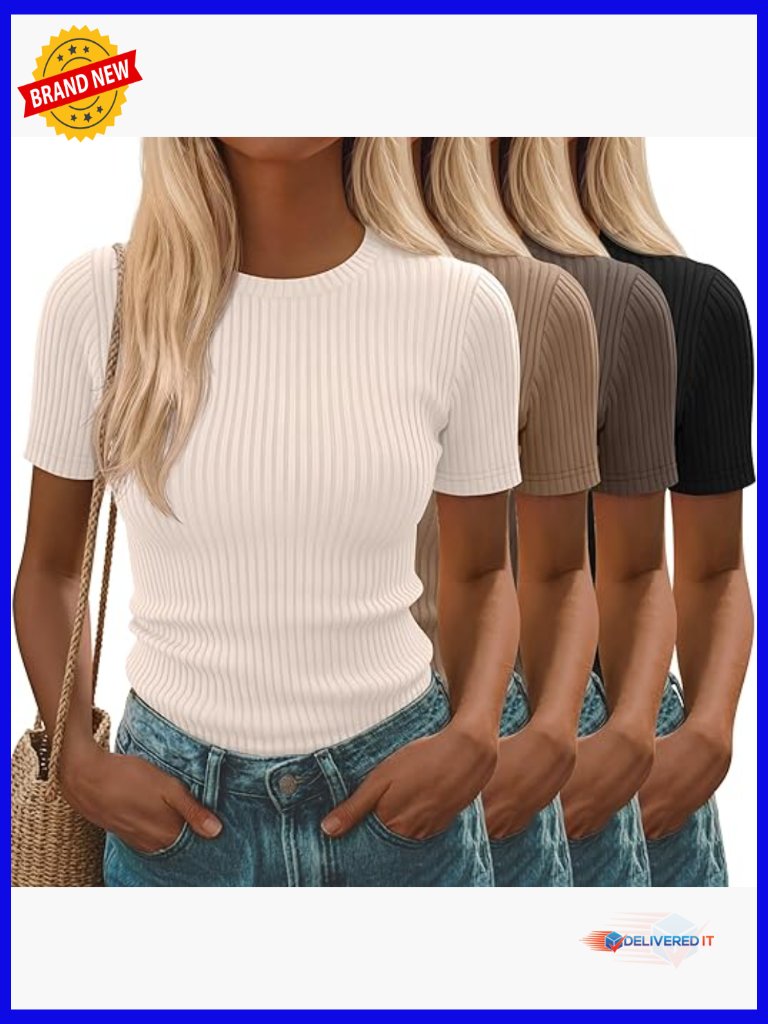 4 Pack Women's Ribbed Short Sleeve T-Shirts Cotton Blend Stretchy Fitted Crew